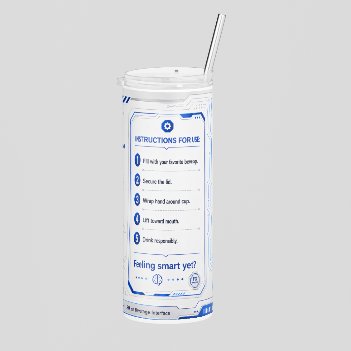 Beverage container with straw and label on a gray background