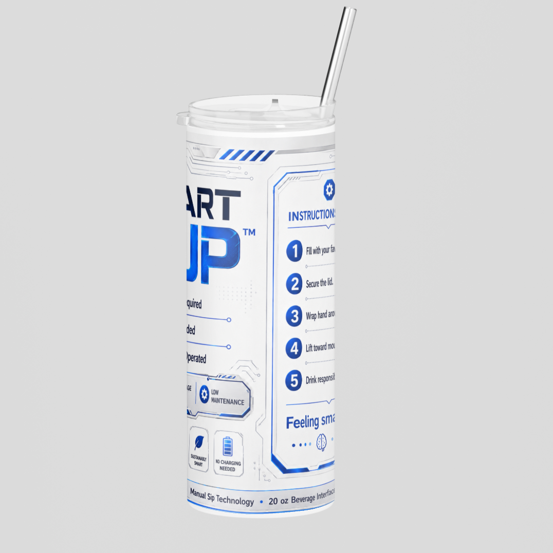 Tumbler with a label on a gray background