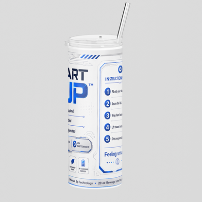 Tumbler with a label on a gray background