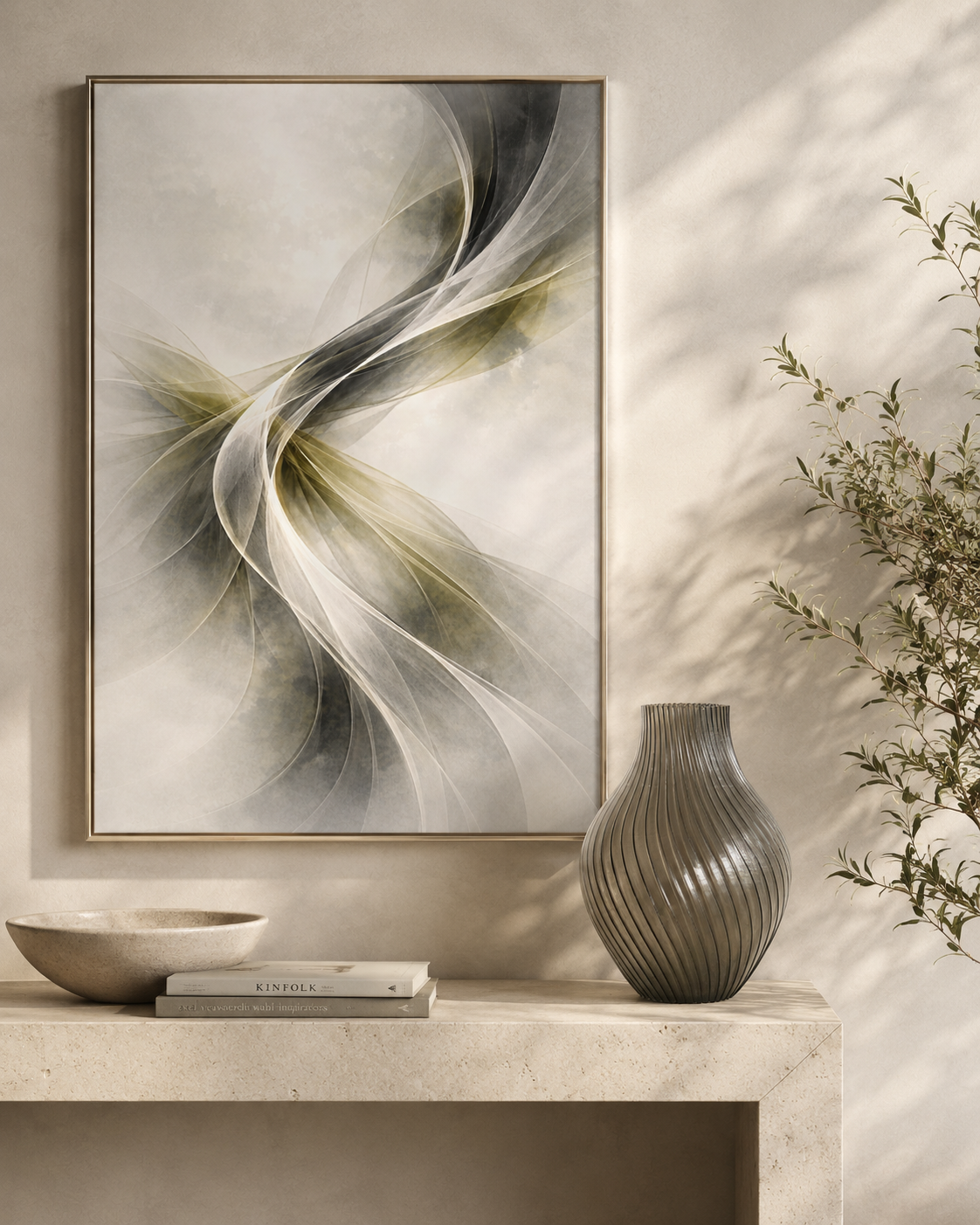 Abstract painting on a wall with a vase and decorative items below.