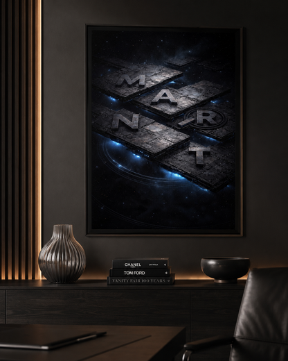 Framed Art for Mens Spaces on a dark wall above a desk with a complementary vase