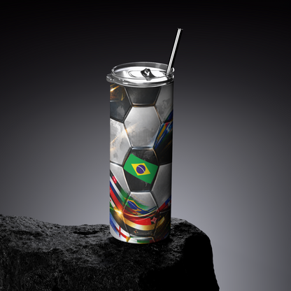 Tumbler with soccer ball design and Brazilian flag on a dark background