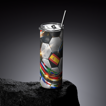 Tumbler with soccer ball design and各国旗帜 on a dark background