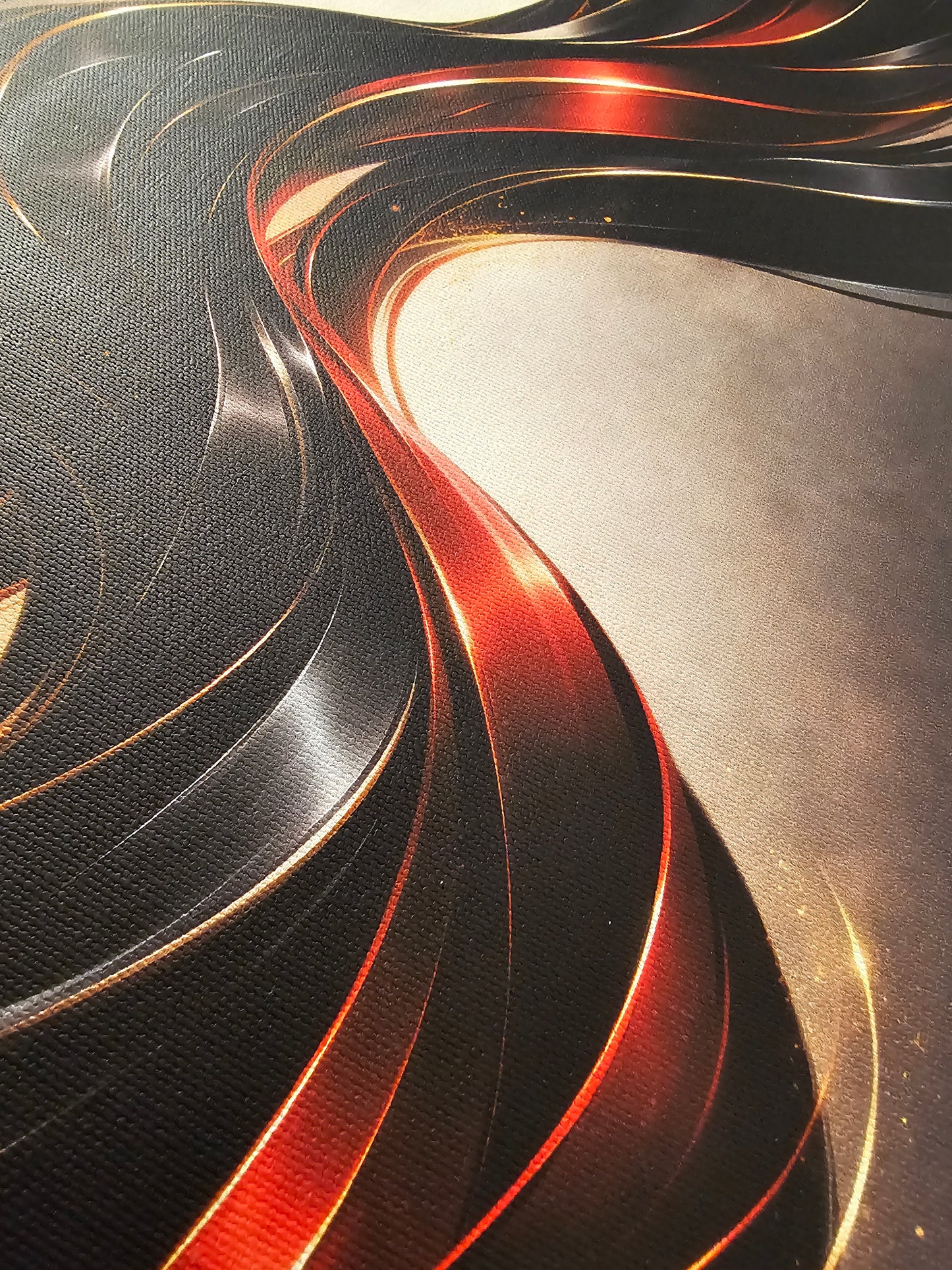 Abstract design with wavy lines in red, black, and gold on a textured background