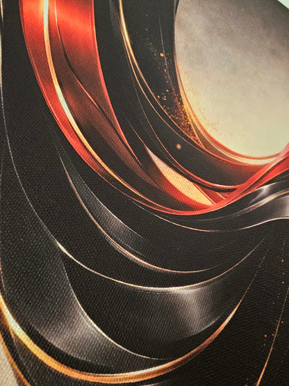 Close-up of layered metallic objects with red and black tones
