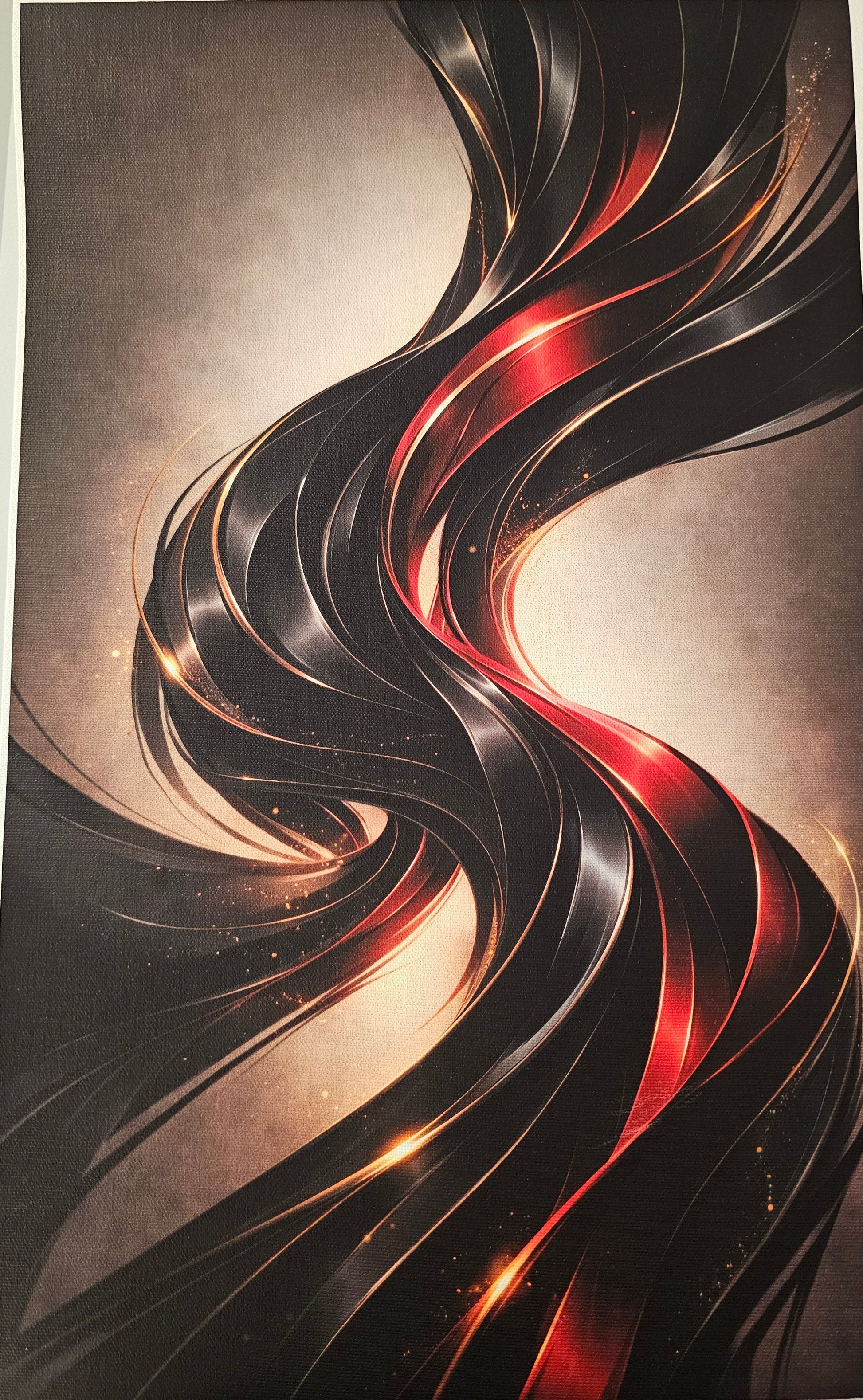 Abstract art with wavy lines in red, black, and gold on a dark background