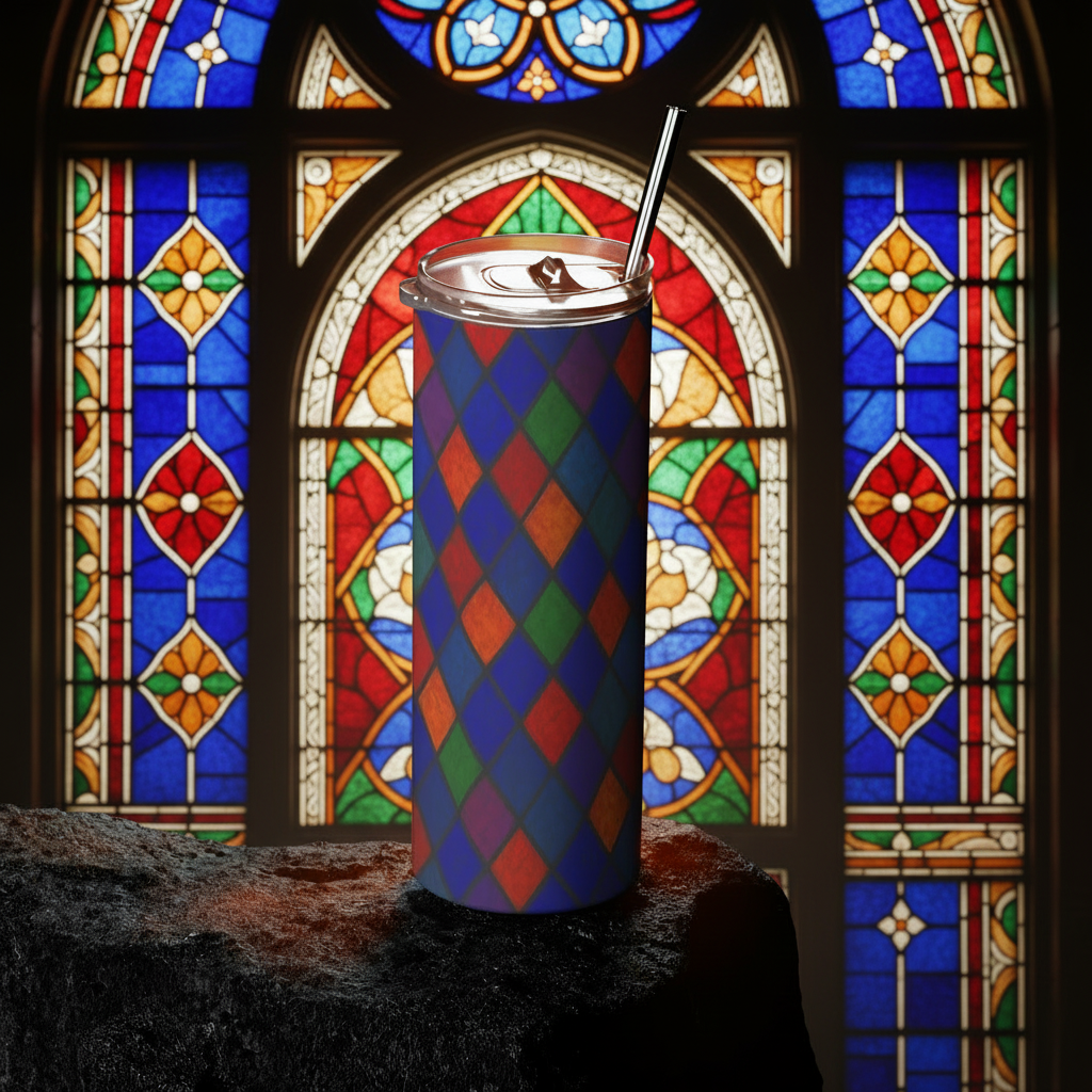 Tumbler with colorful diamond pattern on a dark background