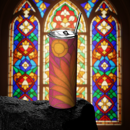 Colorful tumbler with a sun design on a dark surface