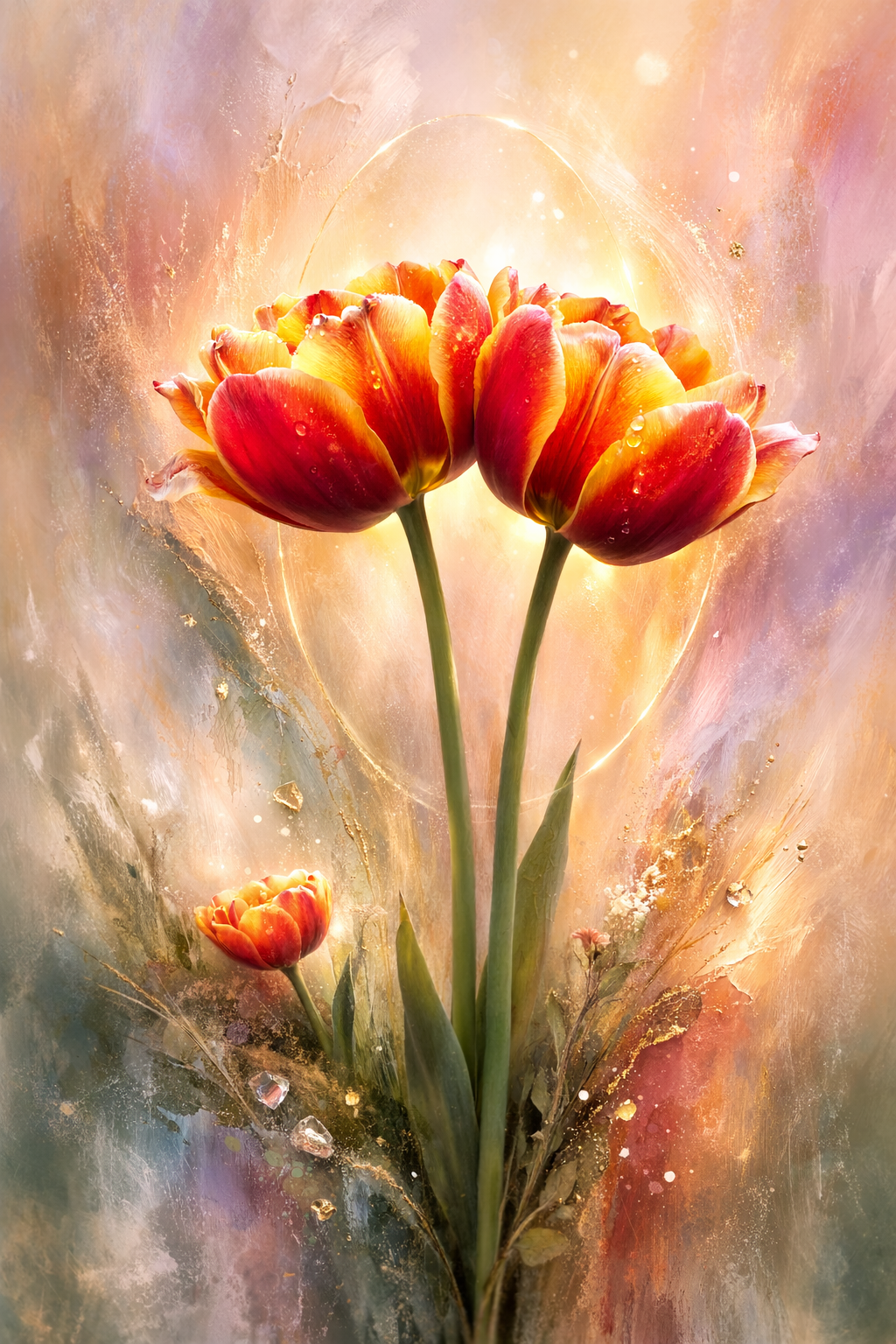Artistic depiction of red tulips with a glowing effect on a soft, multicolored background.