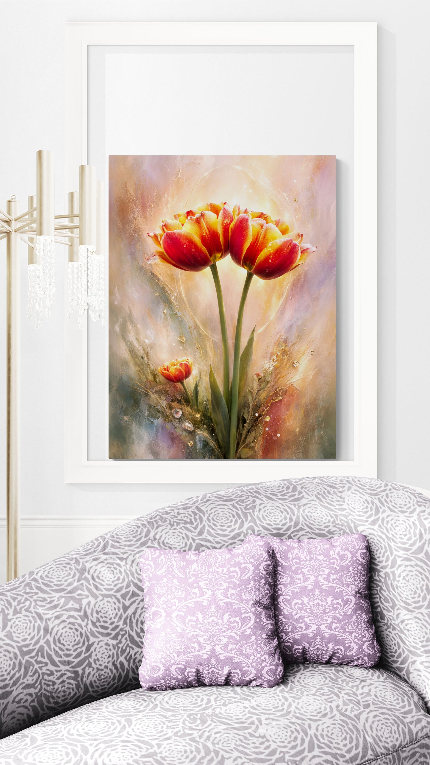 Framed artwork of tulips on a wall above a sofa with decorative pillows.