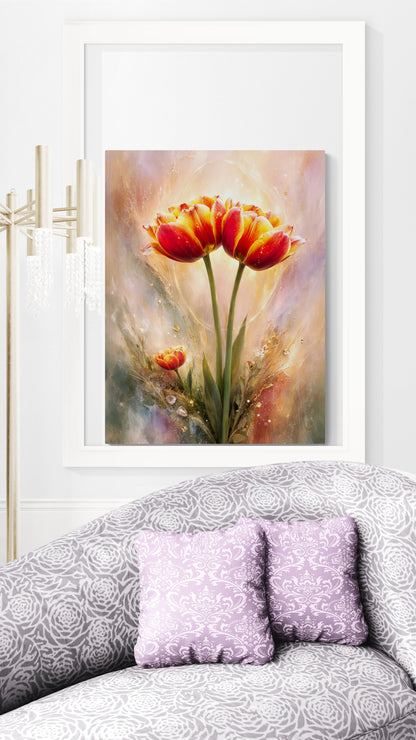 Framed artwork of tulips on a wall above a sofa with decorative pillows.