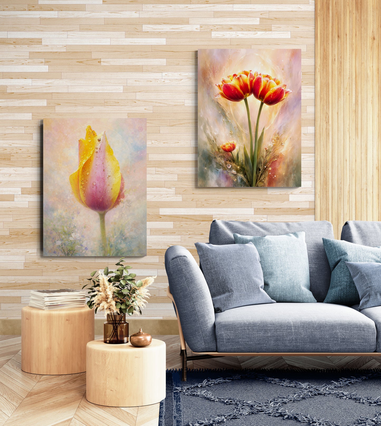 Living room with a gray sofa, wooden side table, and floral wall art.