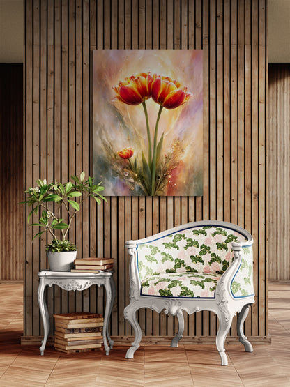 Decorative interior with a floral painting, bench, and plants against a wooden wall.