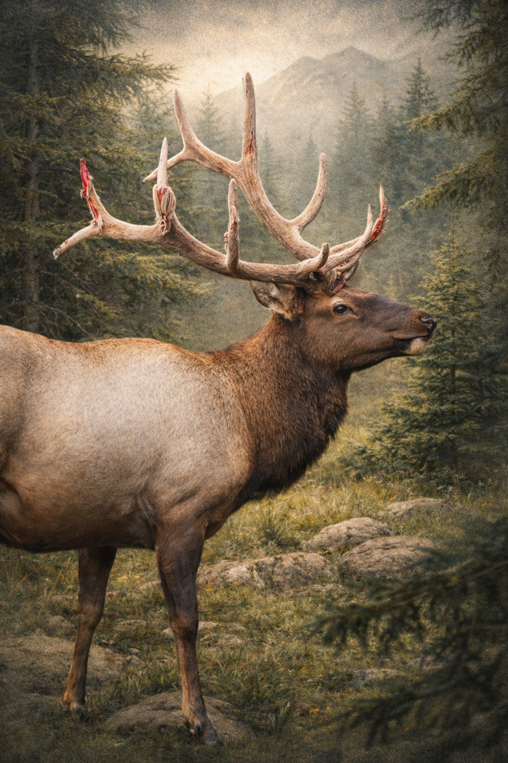 Painting of a large elk in a forest setting