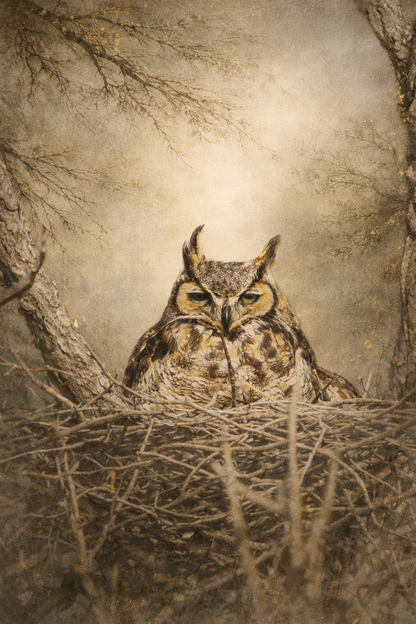 Owl in a nest with a natural forest background