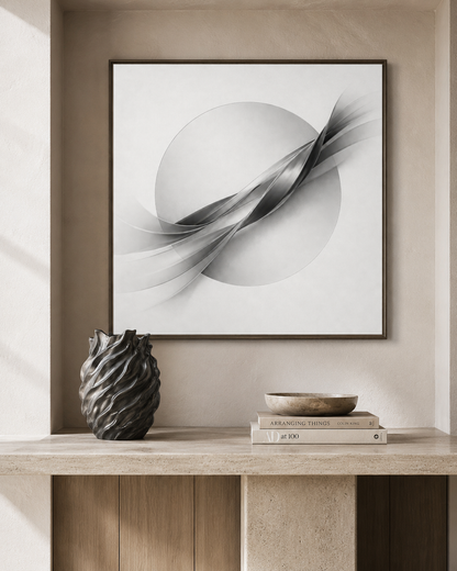Abstract art piece on a wall above a shelf with decorative items.