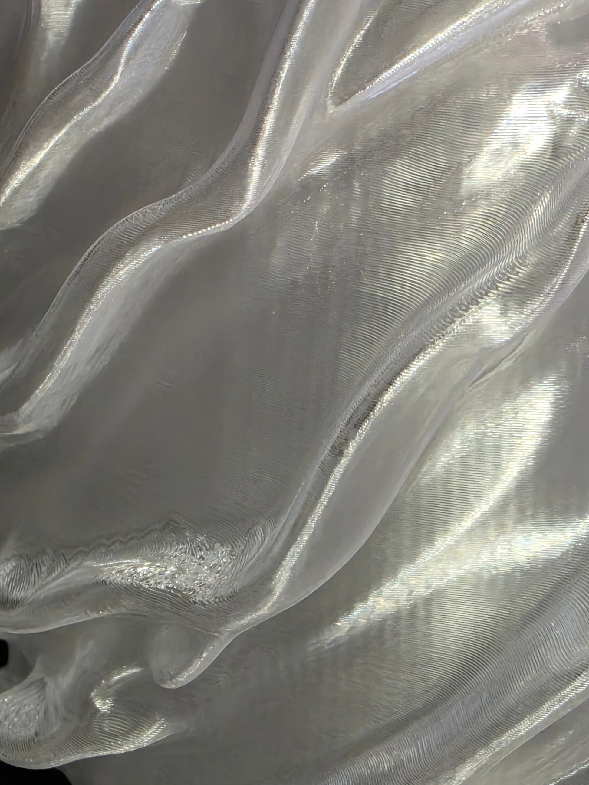 Close-up of a clear sculptural vase with reflective surface