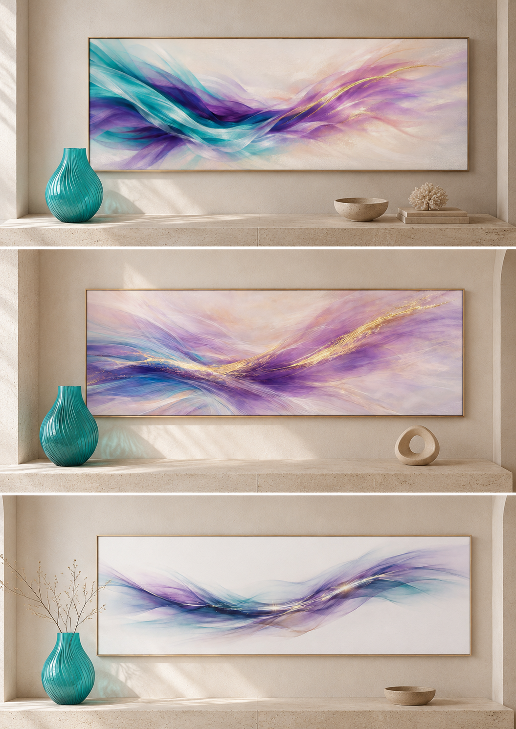 Three abstract paintings on a wall with decorative vases and bowls.