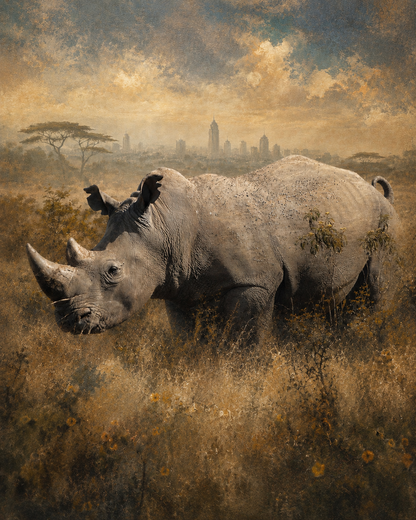 Rhino in a savannah with a city skyline in the background