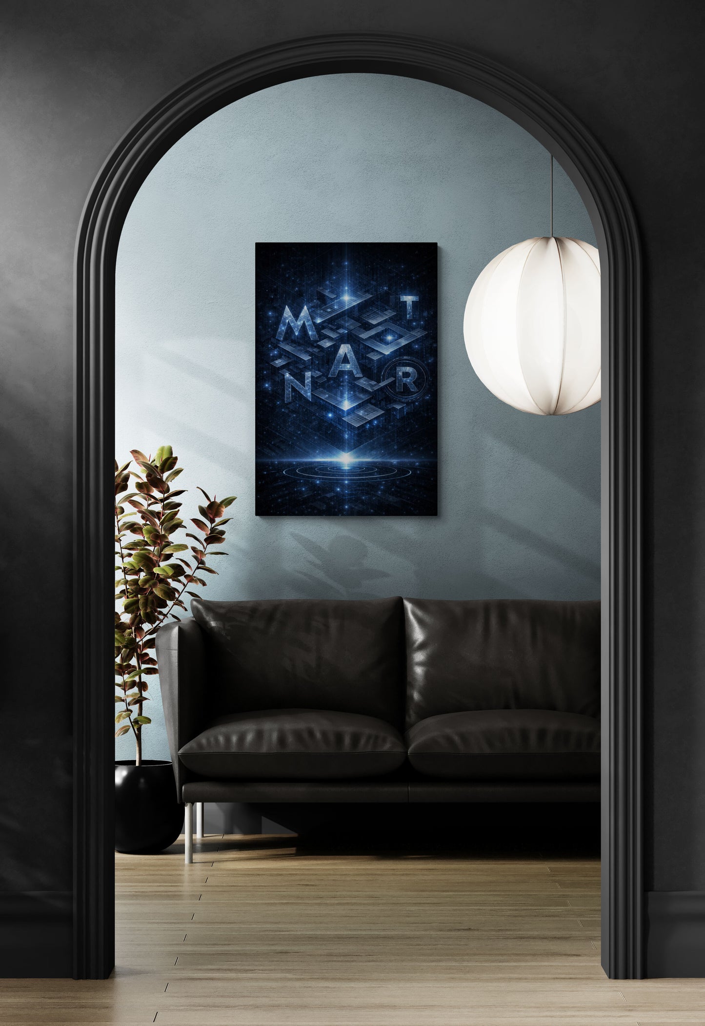 Modern interior with a black sofa, decorative plant, and abstract art on the wall.