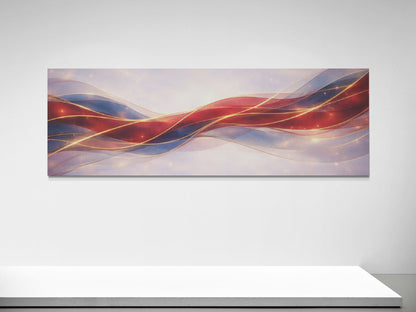 Abstract artwork with wavy lines in red, blue, and gold on a white wall.