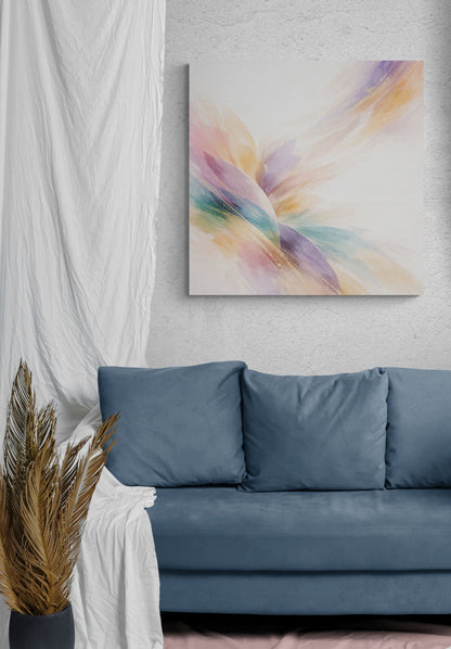 Blue sofa in a room with a colorful abstract painting on the wall.