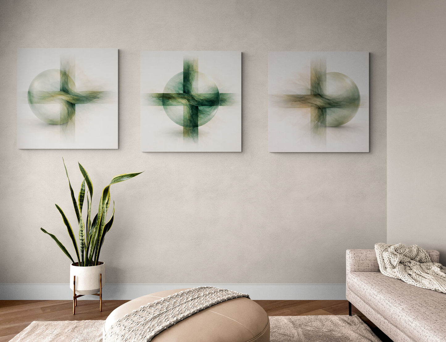 Three abstract green artworks on a wall above a sofa and ottoman.