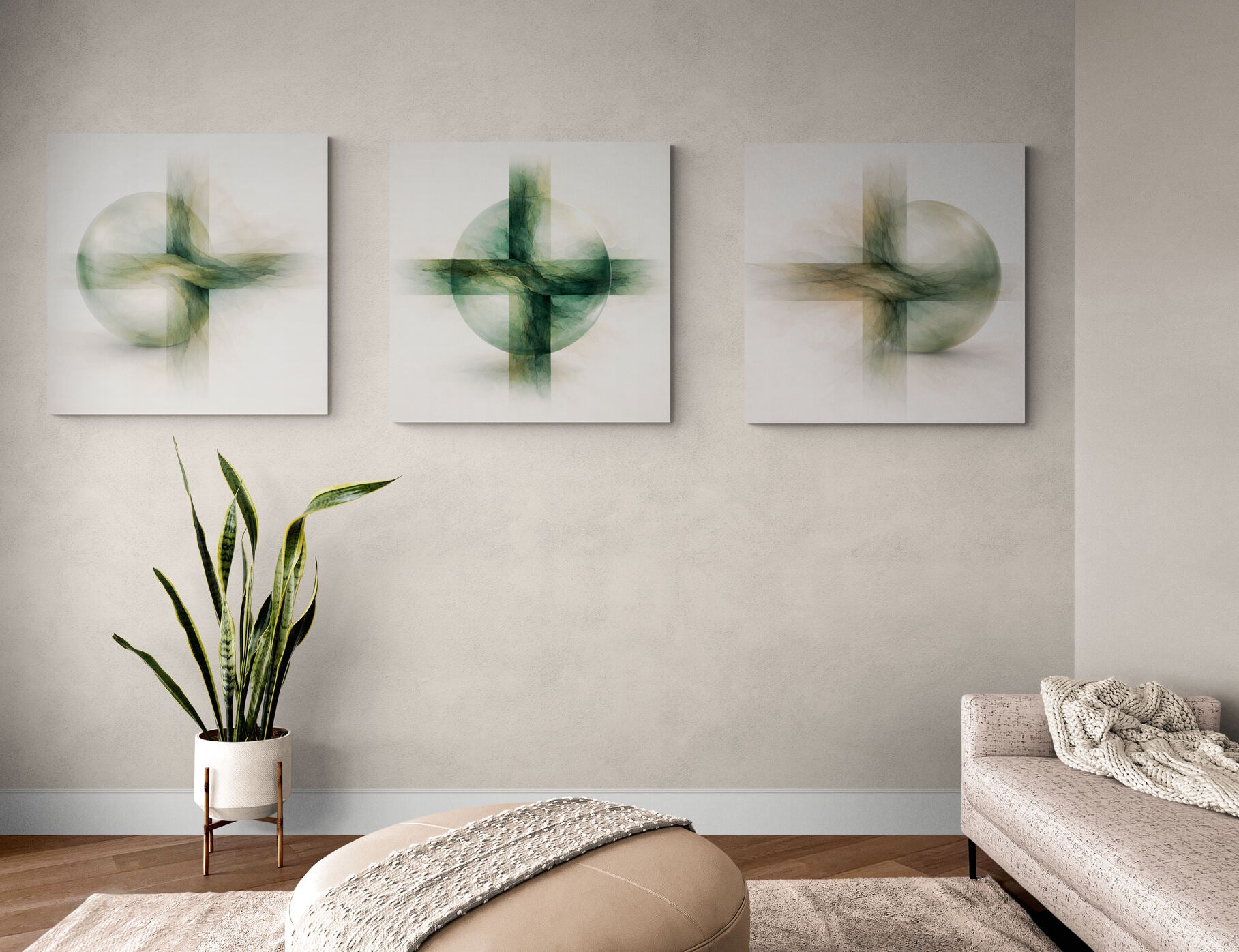 Three abstract green artworks on a wall above a sofa and ottoman.