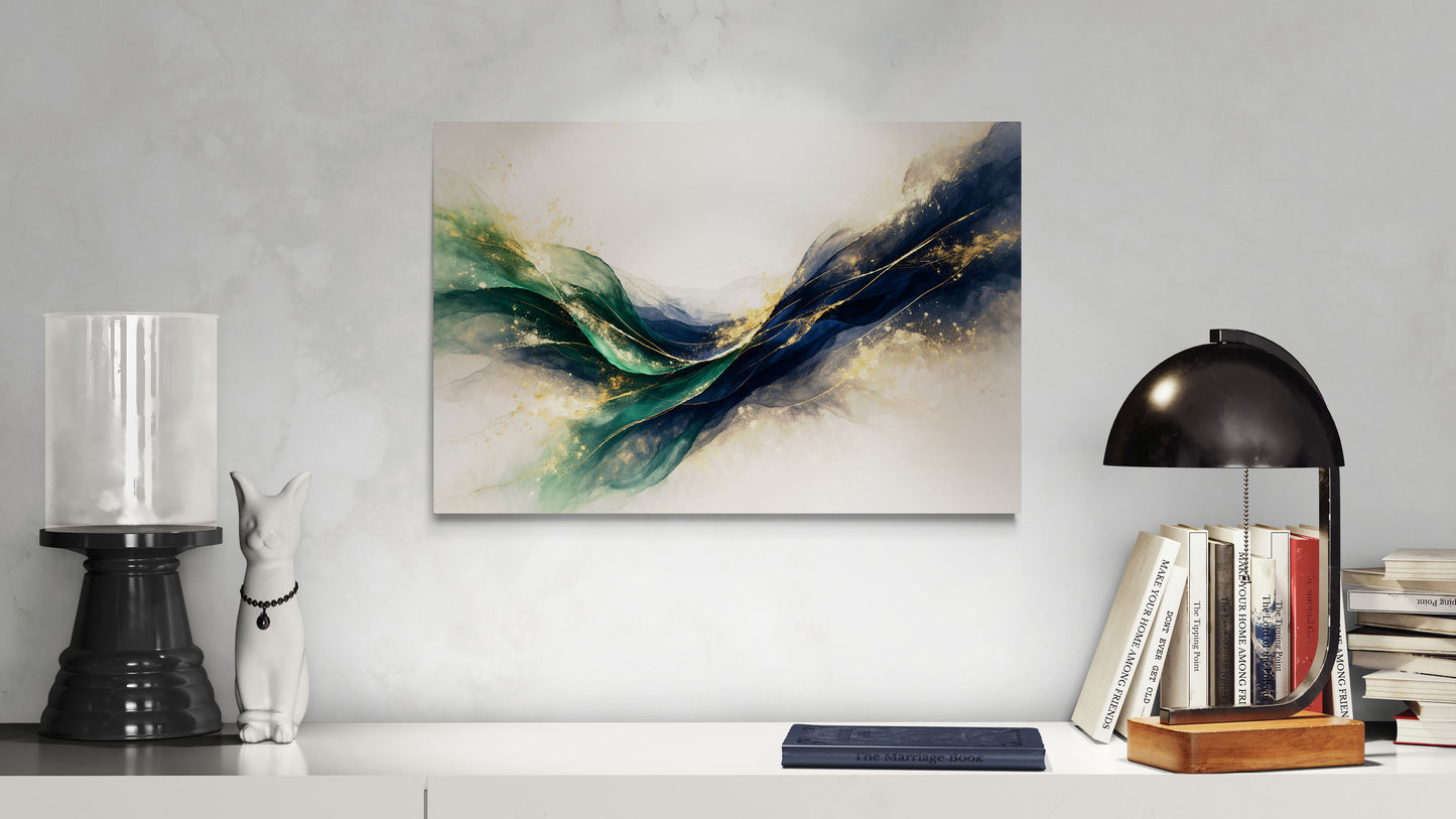 Abstract painting on a wall with decorative items below