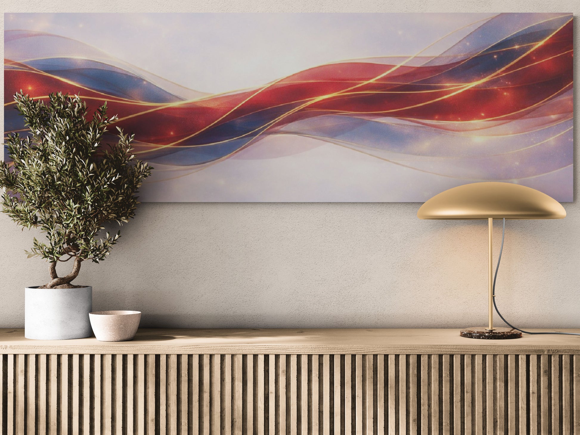 Abstract wall art with wavy red and blue design above a wooden console table with a lamp and plant.