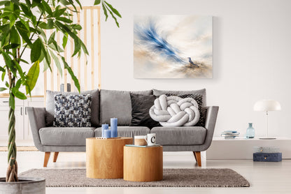 Modern living room with gray sofa, wooden coffee table, and decorative wall art.