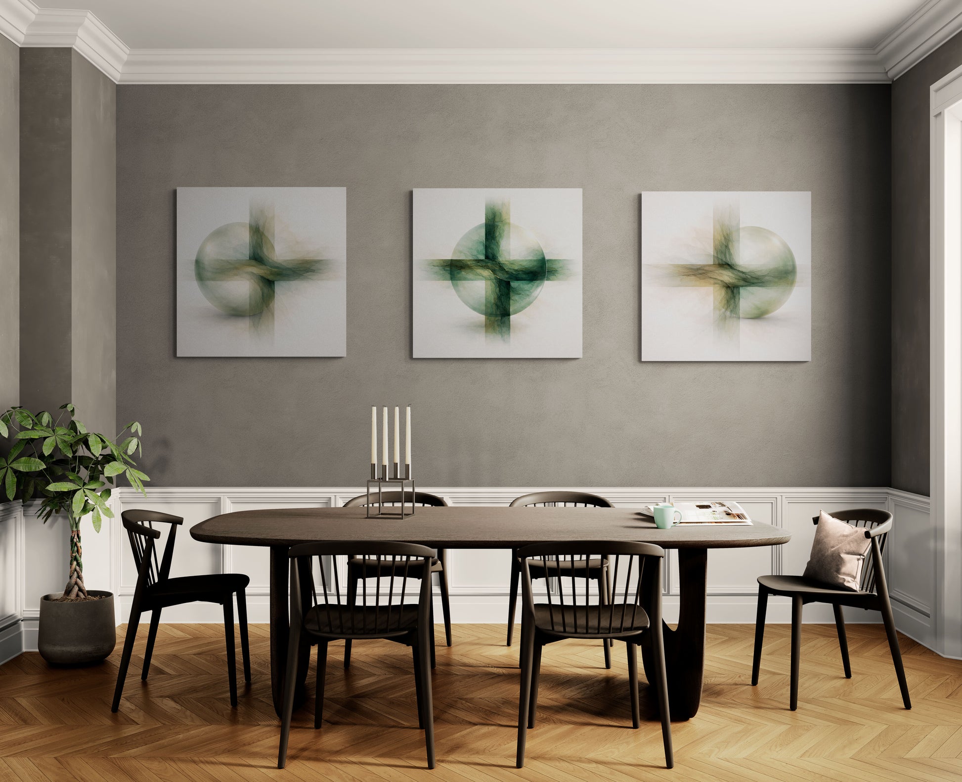 Dining room with a table and chairs against a gray wall with abstract art.
