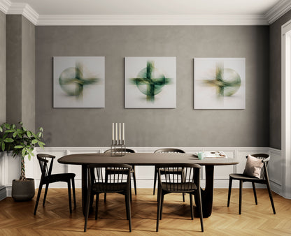 Dining room with a table and chairs against a gray wall with abstract art.