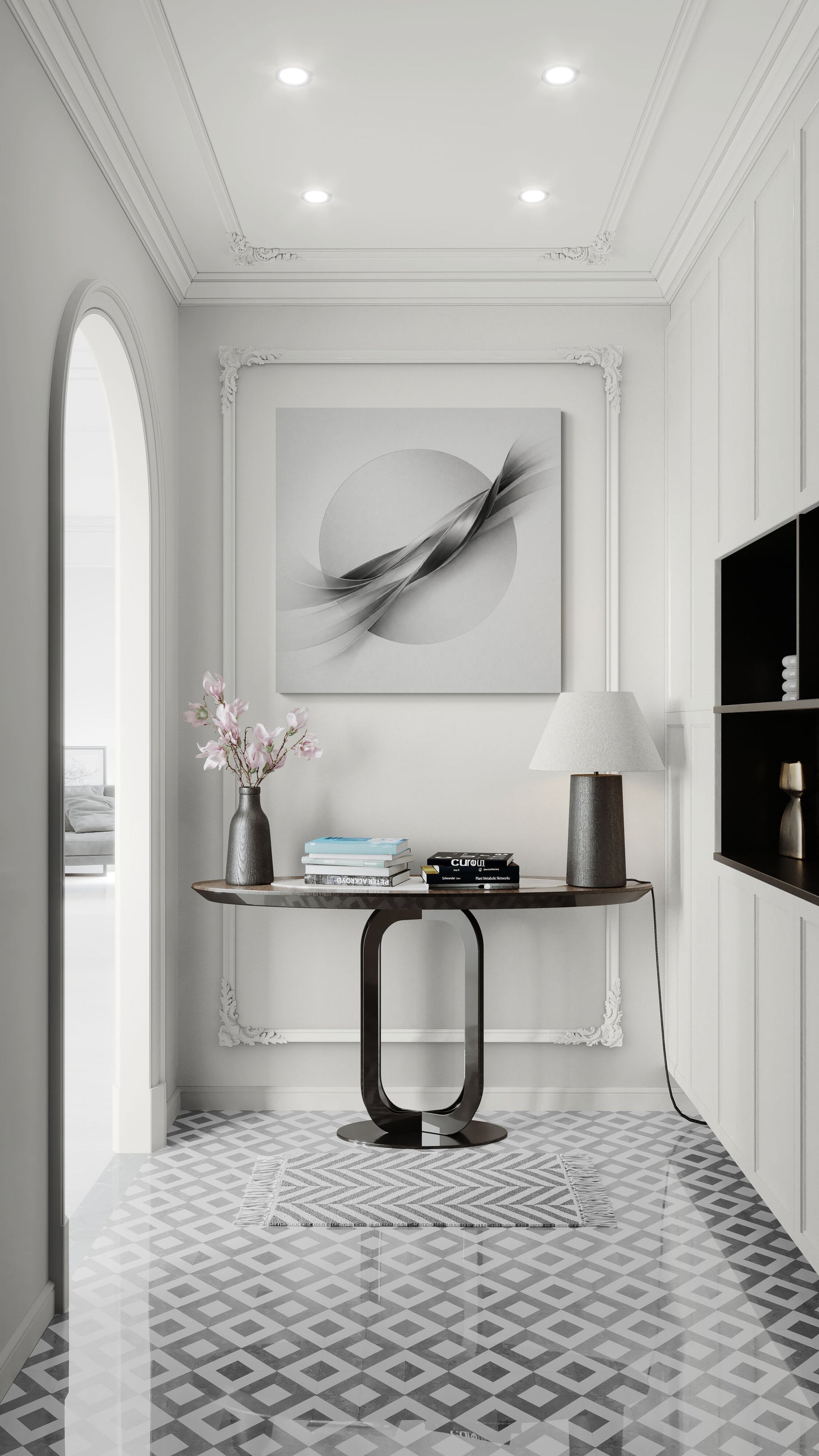 Modern interior hallway with a console table, decorative items, and wall art.