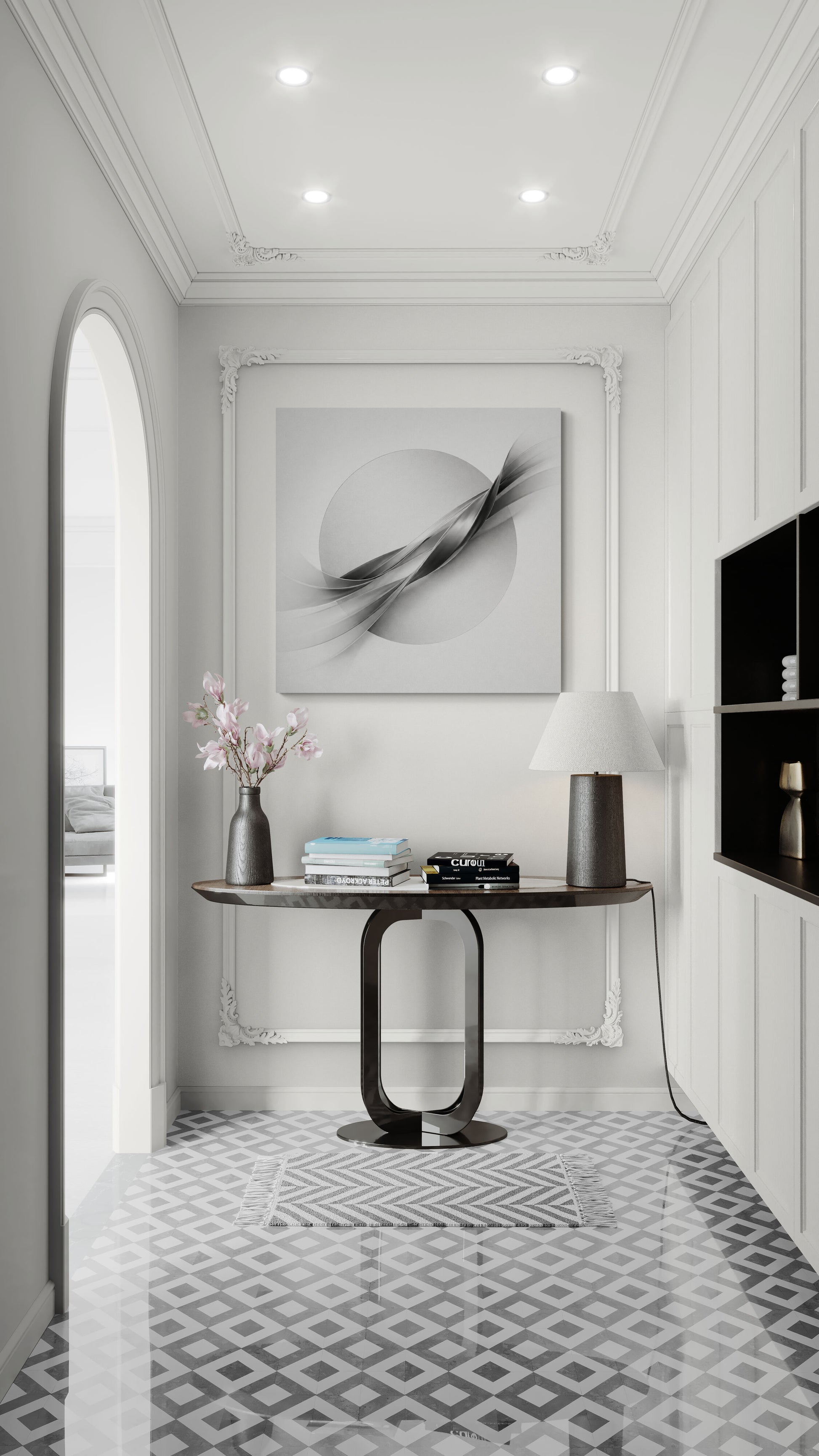 Modern interior hallway with a console table, decorative items, and wall art.