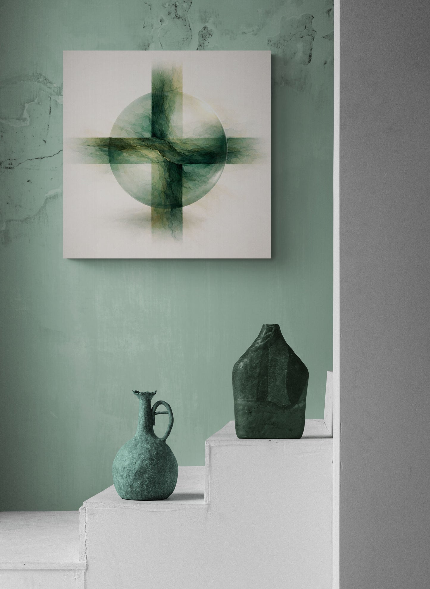Two green vases on a white surface with a abstract painting in the background.