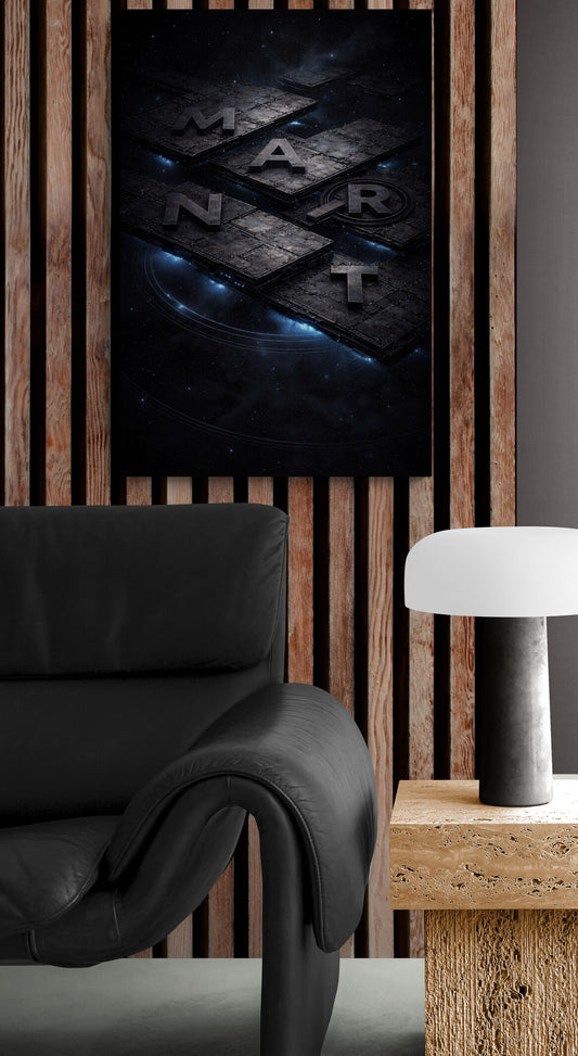 Modern interior with a black armchair, wooden side table, and dark wall with 'Mazda' logo.