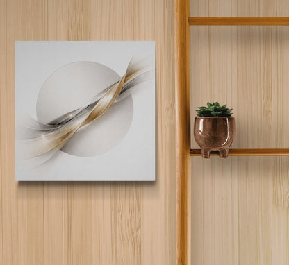 Abstract wall art piece on a wooden wall with a small plant on a shelf.