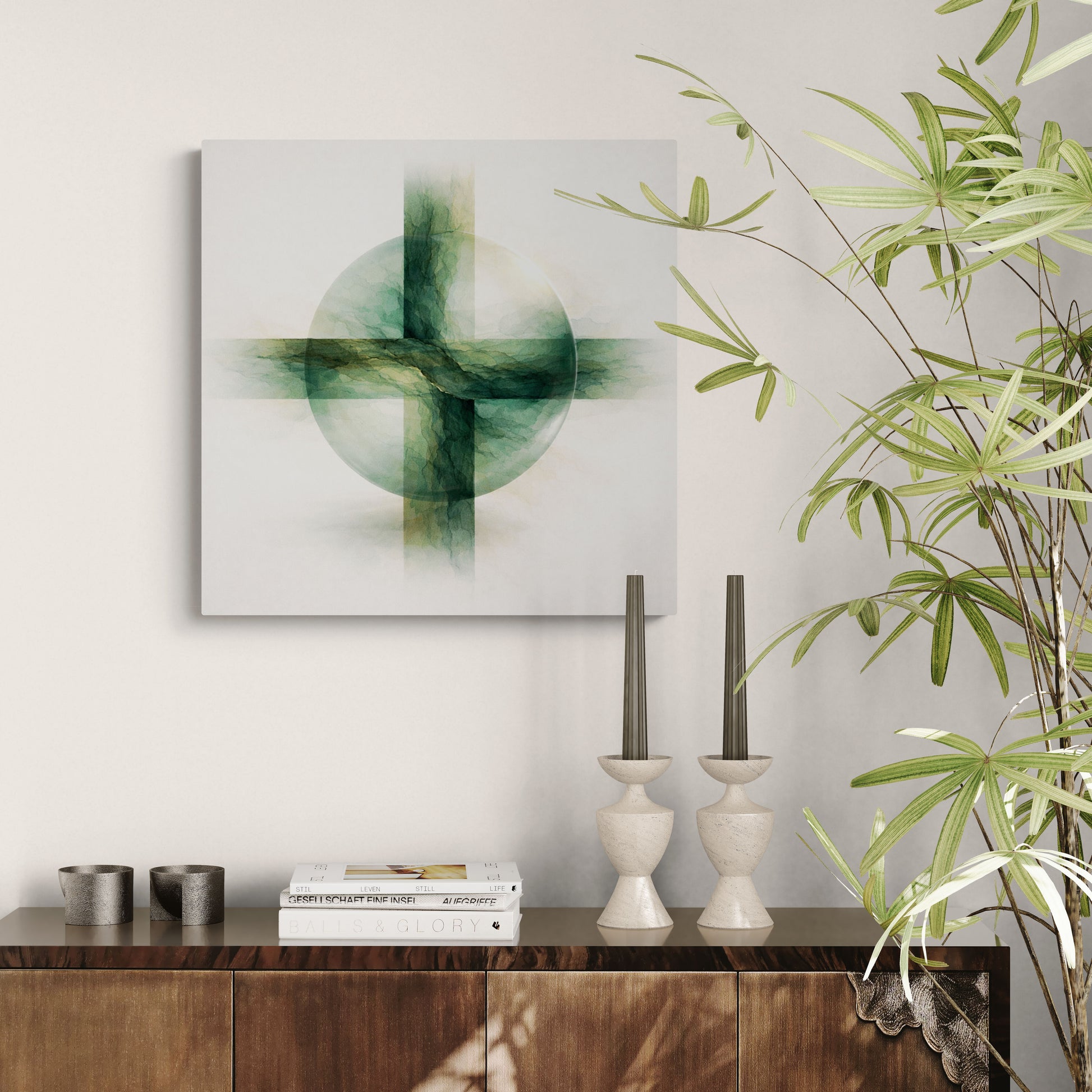 Abstract green and white painting on a wall with a wooden console table and decorative items.