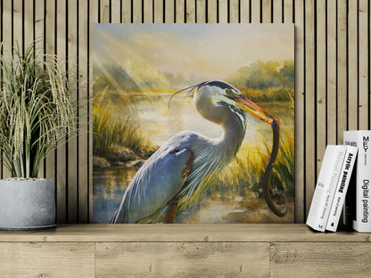 Painting of a heron holding a snake on a wooden shelf with books and a plant.