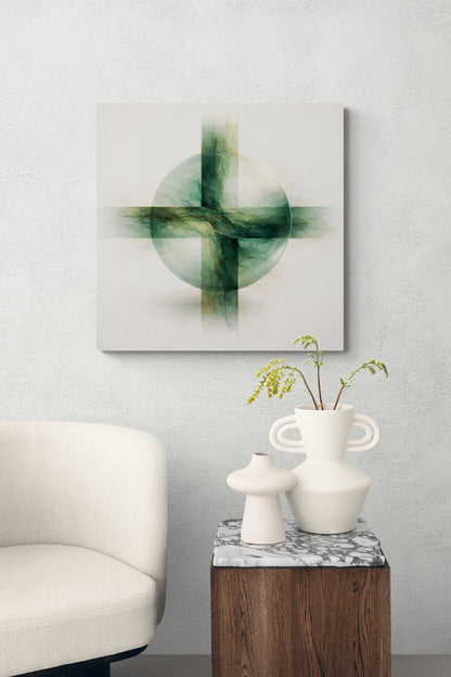 Abstract green painting on a wall above a side table with vases and a plant.