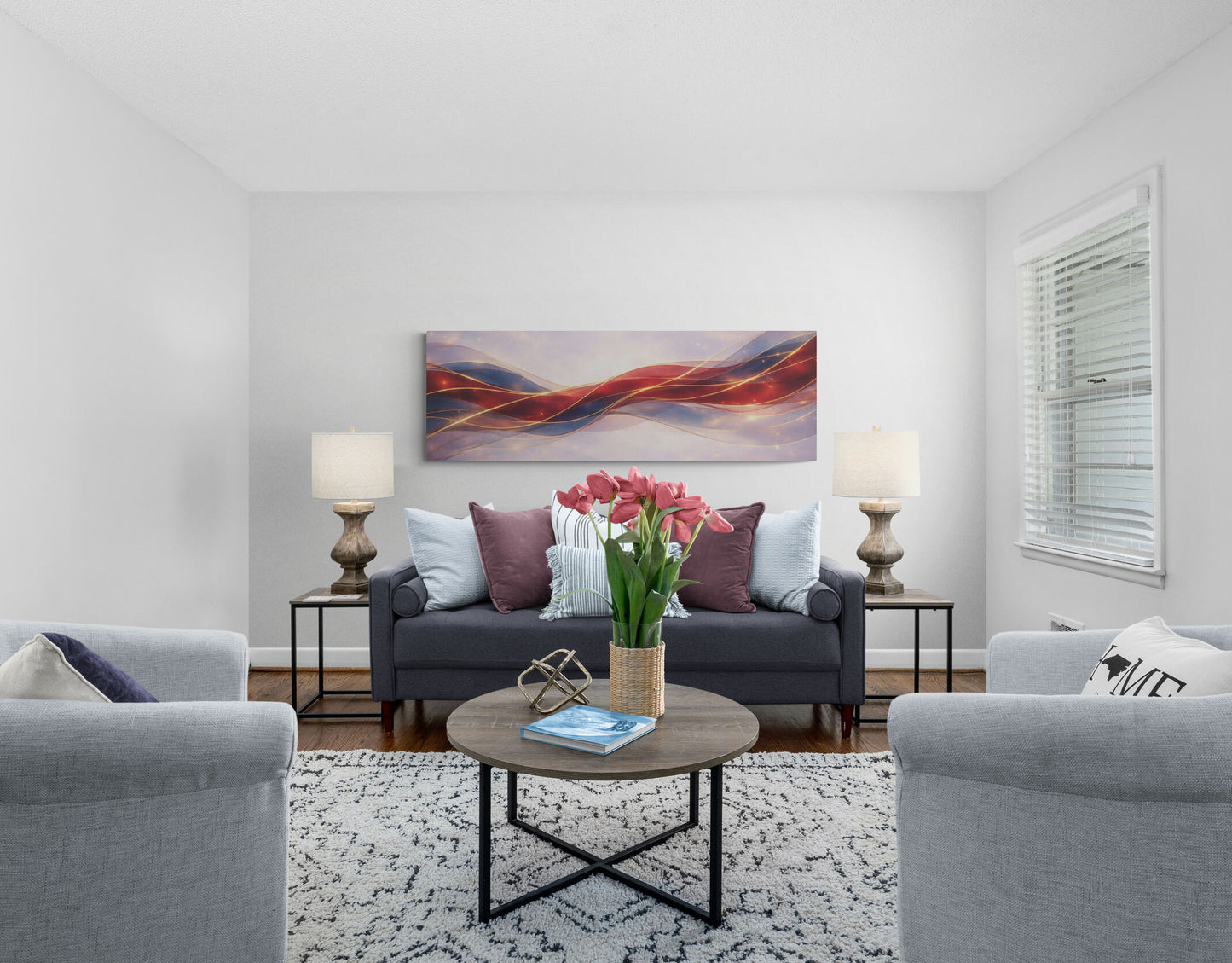 Living room with gray sofa, coffee table, and decorative elements.