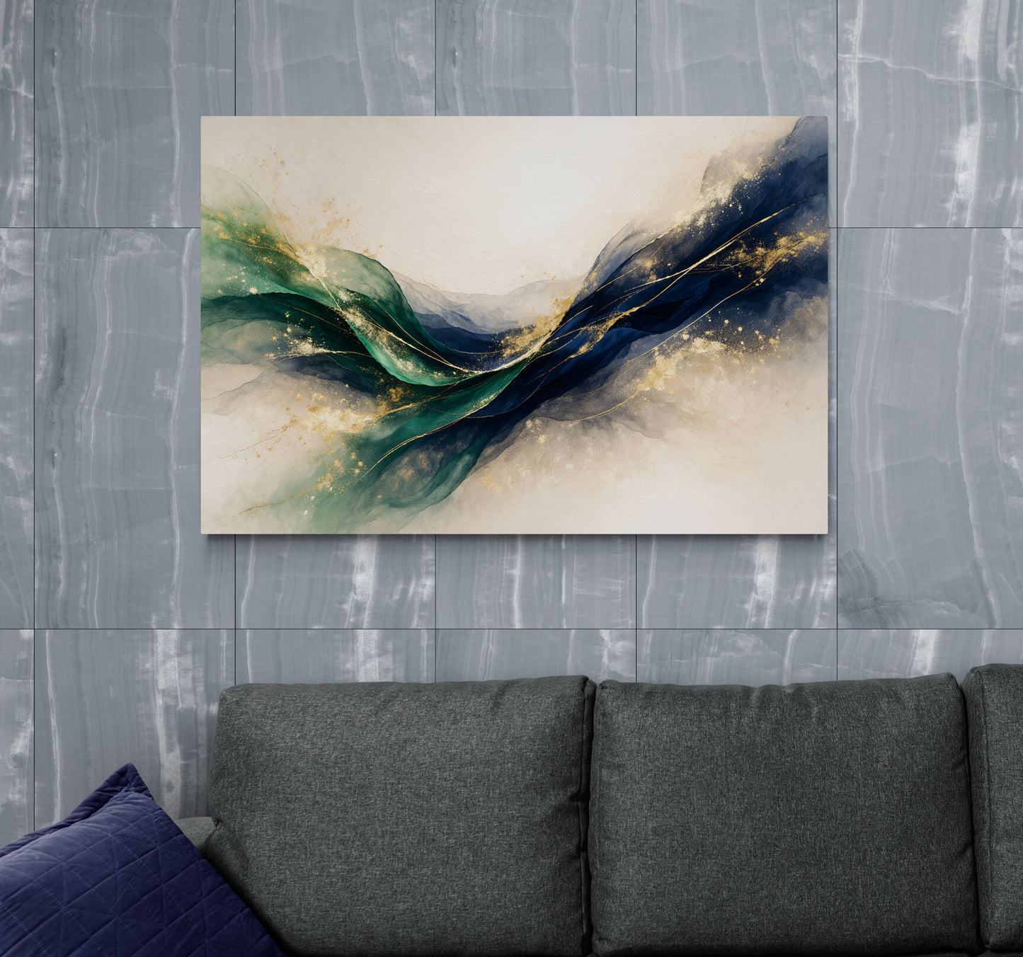 Abstract painting on a wall above a gray sofa