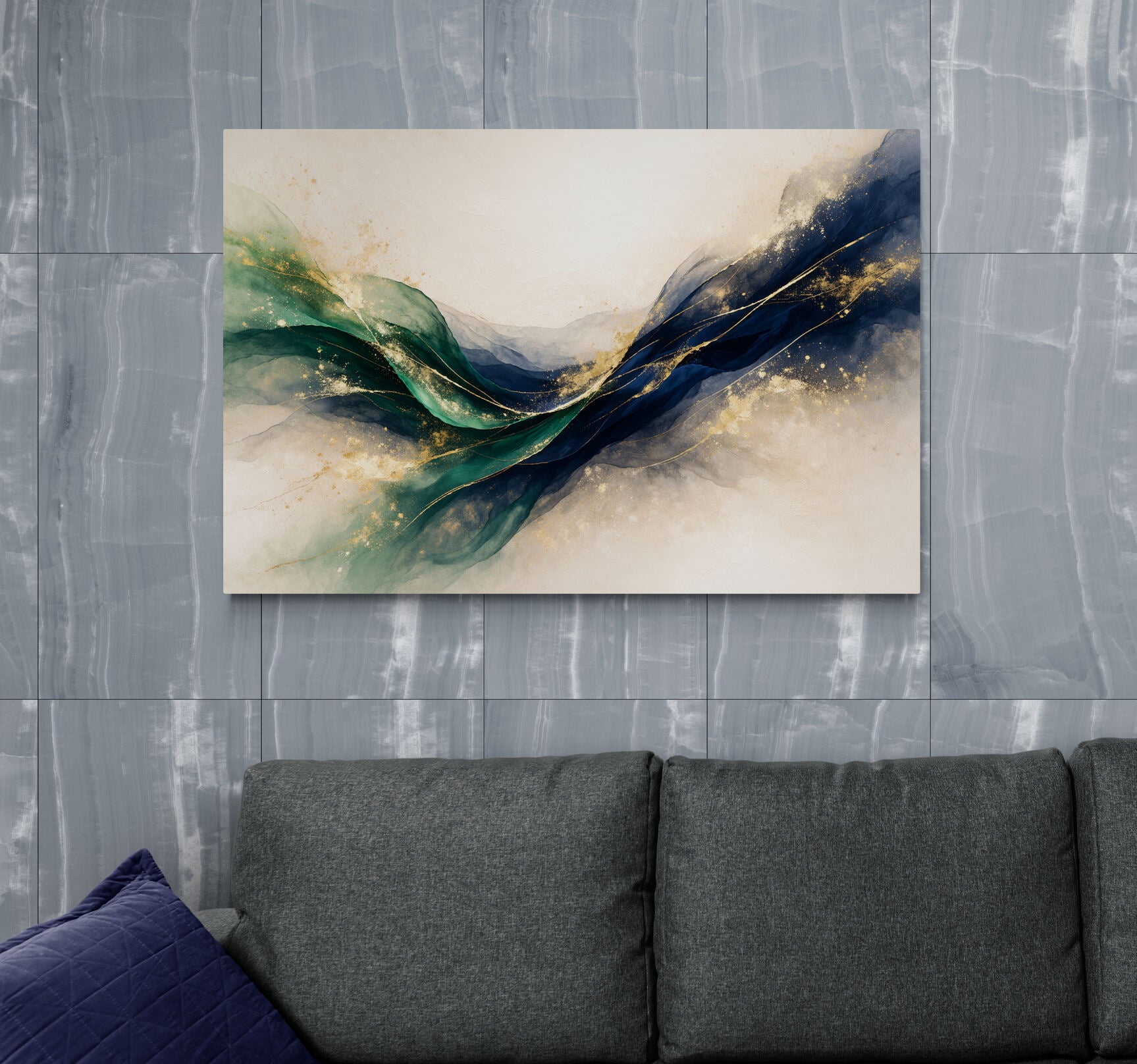 Abstract painting on a wall above a gray sofa