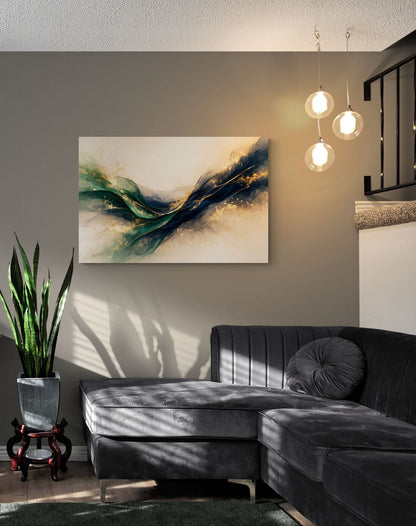 Modern living room with a gray sofa, abstract painting, and decorative plant.