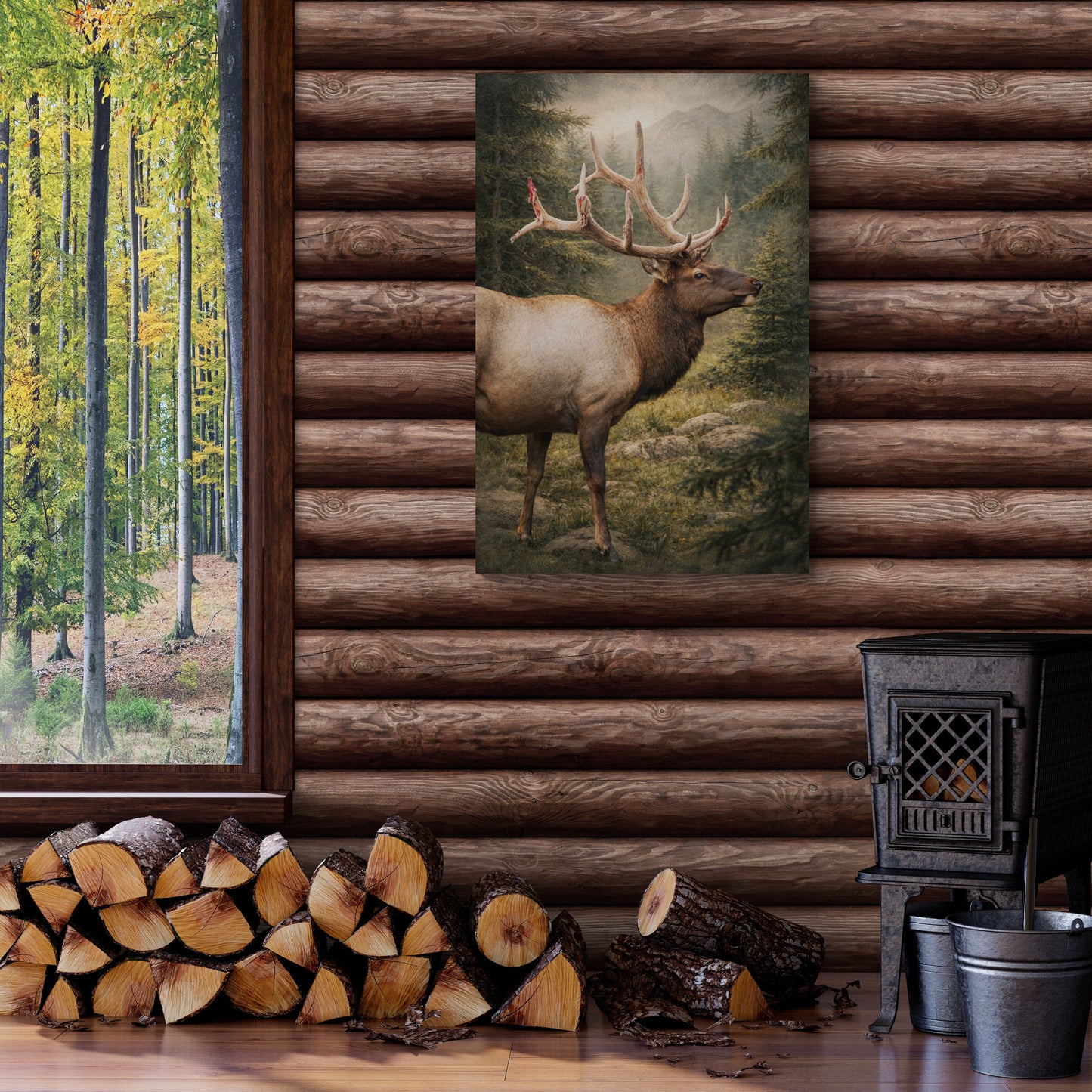 Wooden wall with framed pictures of an elk and forest, logs stacked below.
