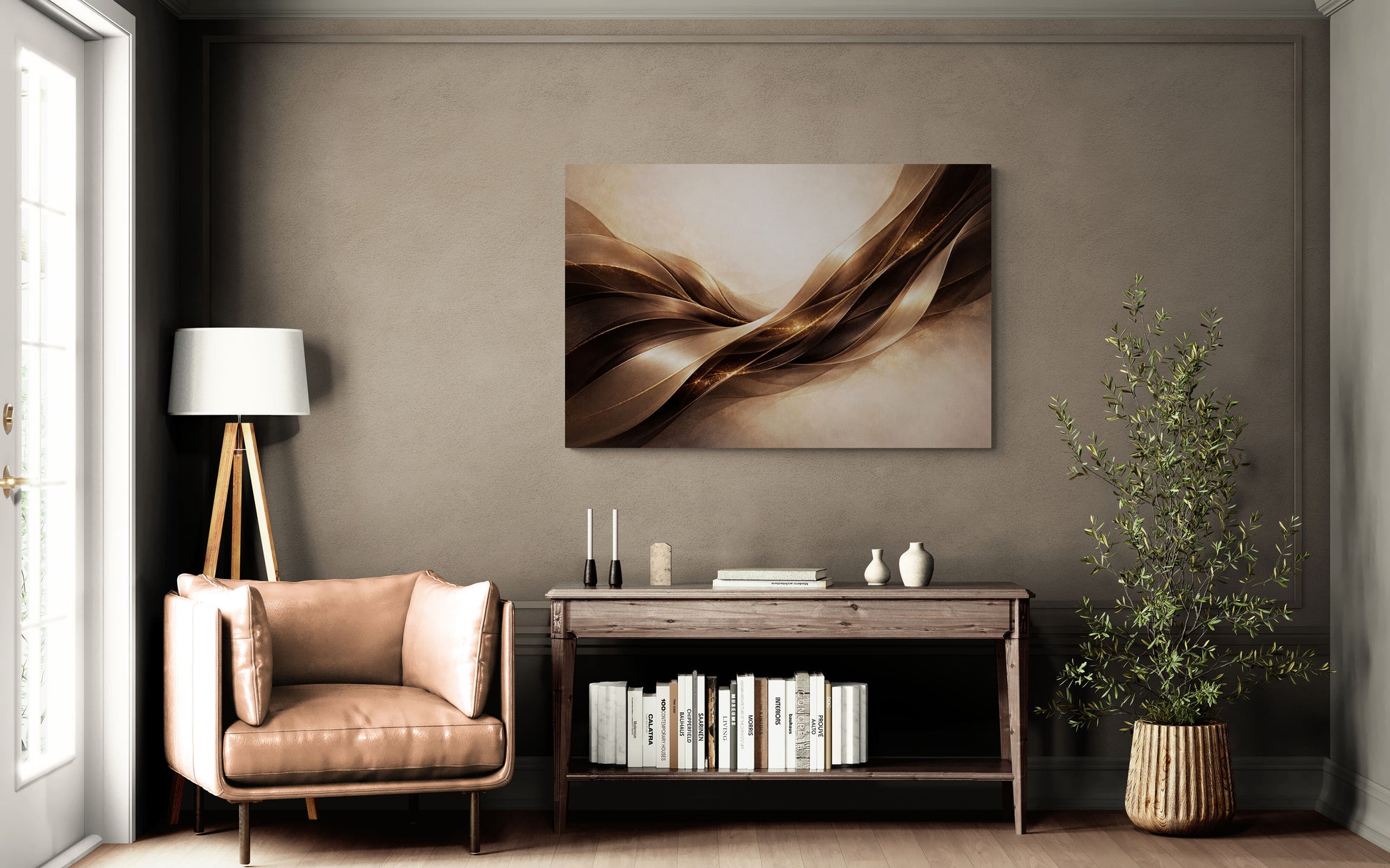Modern living room with a brown armchair, side table, and decorative painting on the wall.