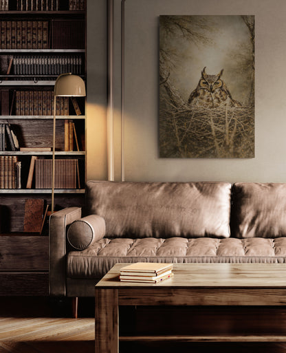 Living room with a brown sofa, wooden coffee table, bookshelf, and owl painting on the wall.