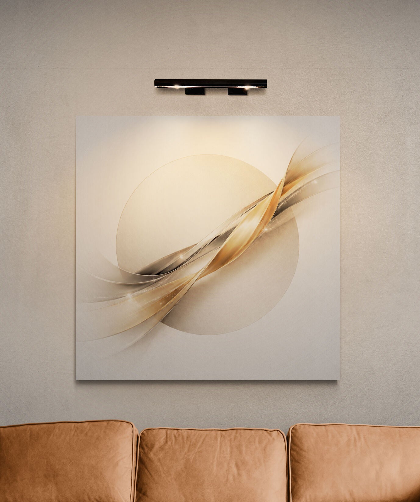Abstract wall art on a neutral wall above a brown sofa