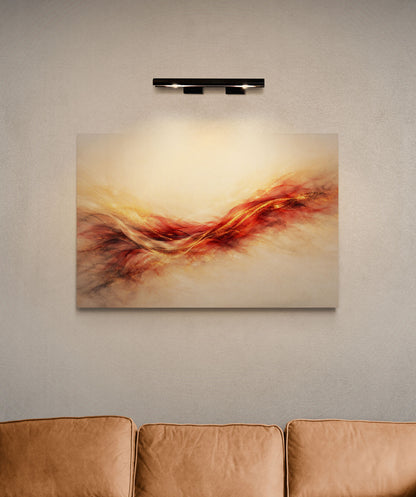 Abstract painting on a wall above a brown sofa